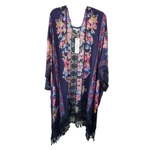 WOVEN HEART‎ GORGEOUS floral fringe crocheted kimono Duster wrap plus 1X New
